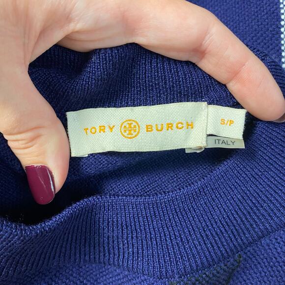 Tory Burch Gwen Sweater Blue and White Checked with Fringe‎ Size Small - Picture 2 of 7